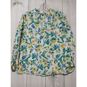 Old Navy Shirt Ladies Medium White Yellow Floral Birds Linen Blend Long Sleeve V